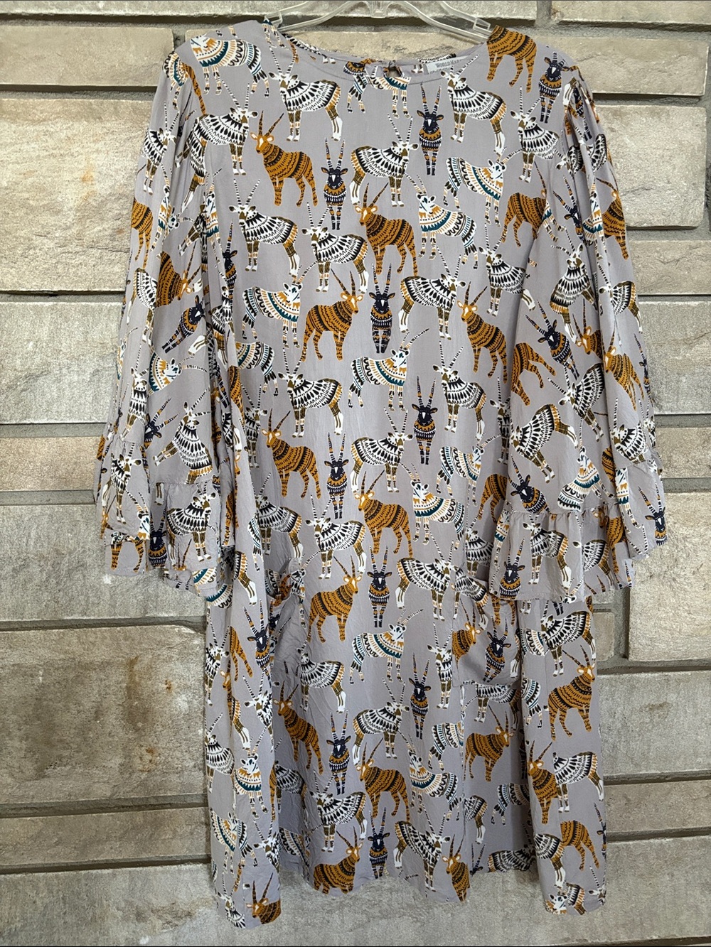 Cost Plus World Market Grey Swing Dress with Mustard & Navy Animal Print